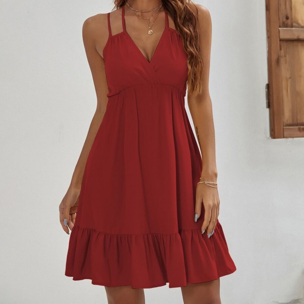 Boho Double Strap v neck ruffle hem dress Red - Picture 10 of 15